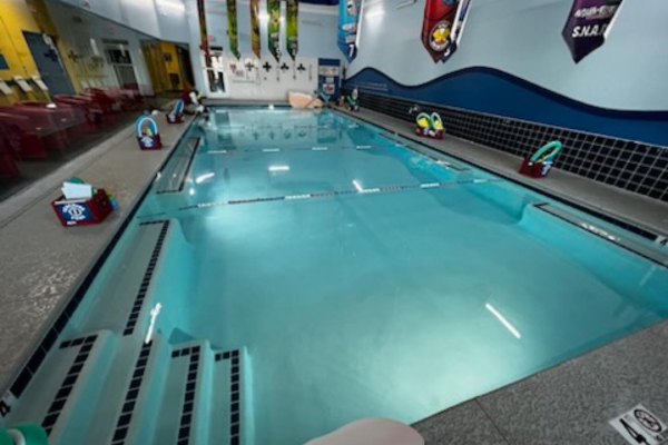 An indoor swimming pool in a gym.